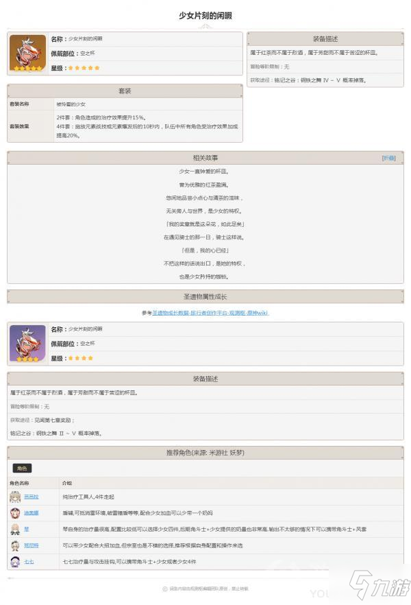 原神圣遗物少女片刻的闲暇图鉴大全