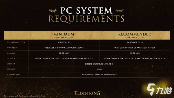 艾尔登法环官方PC配置要求公布 最低1060显卡12G内存