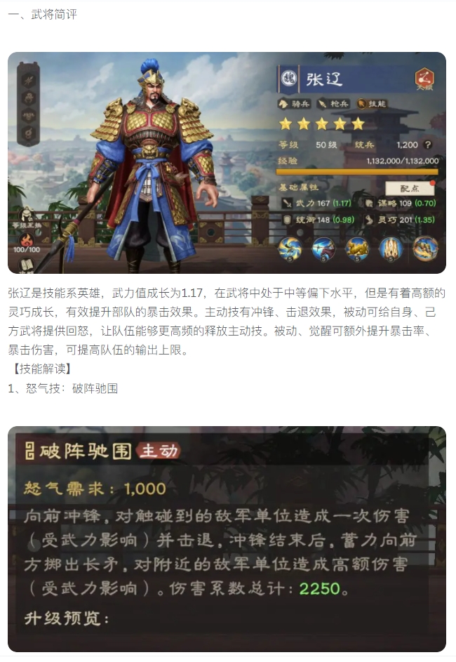 【攻略分享】怒气恢复、技能爆发!张辽综合测评及配队推荐