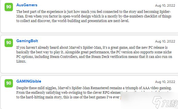 《漫威蜘蛛侠：重制版》PC版媒体评分汇总