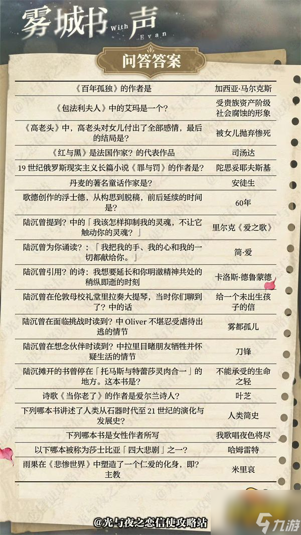 光與夜之戀霧城書聲問(wèn)答答案是什么 霧城書聲問(wèn)答答案大全