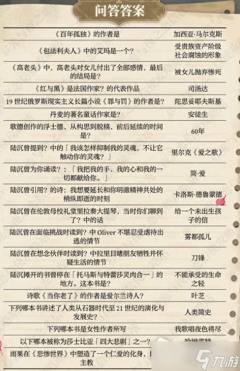 《光与夜之恋》书海文渊答案一览