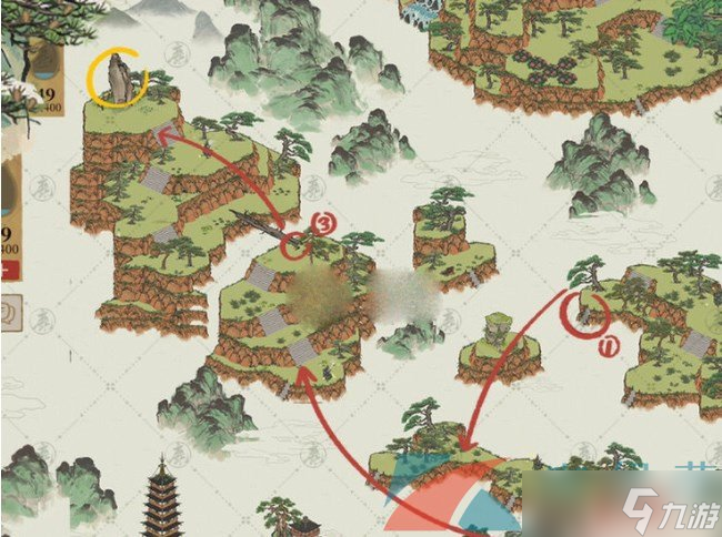 《江南百景图》先则下行入云中后则上攀凌巅峰连线攻略
