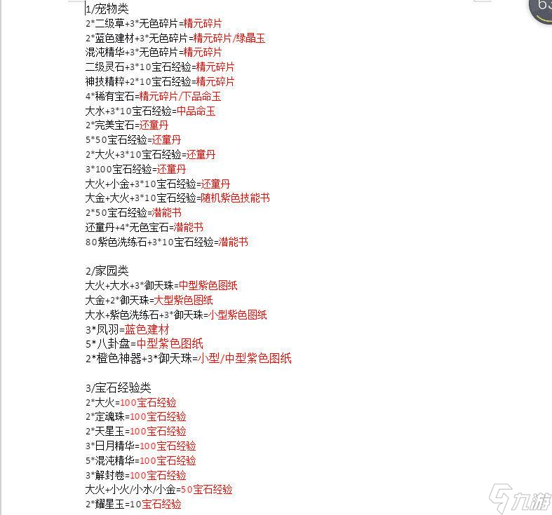 轩辕传奇归元鼎所有配方合成表
