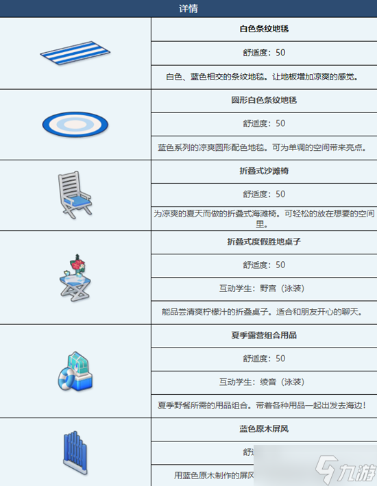 蔚蓝档案避暑胜地泳池派对组合家具图鉴介绍