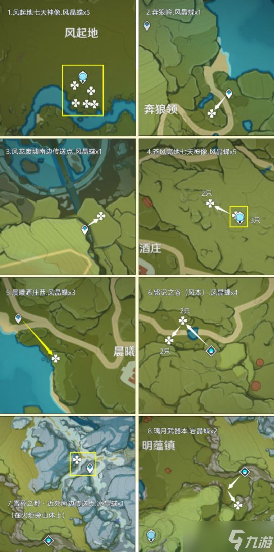 【原神】素材之旅，晶蝶/晶核高效率采集超长路线篇