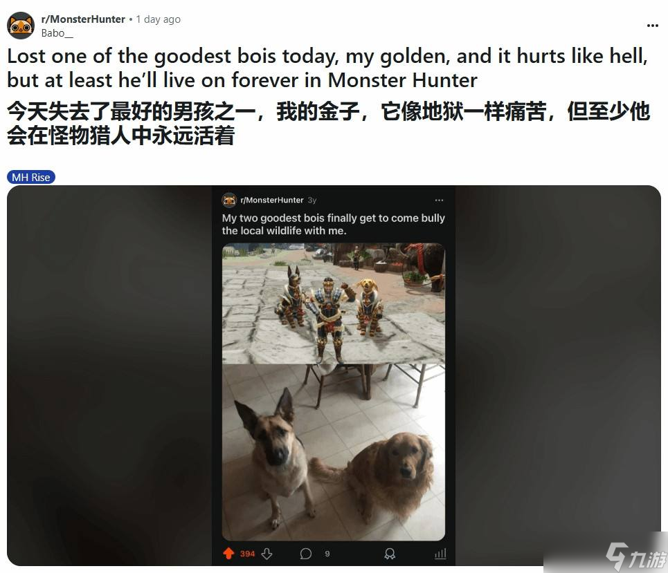 《怪物猎人》玩家痛失爱犬 游戏中寻得心灵慰藉