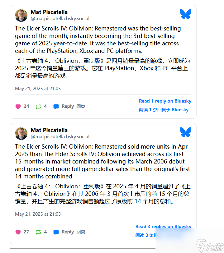 《上古卷轴4：湮灭重制版》4月美国销量榜登顶 年度第三！