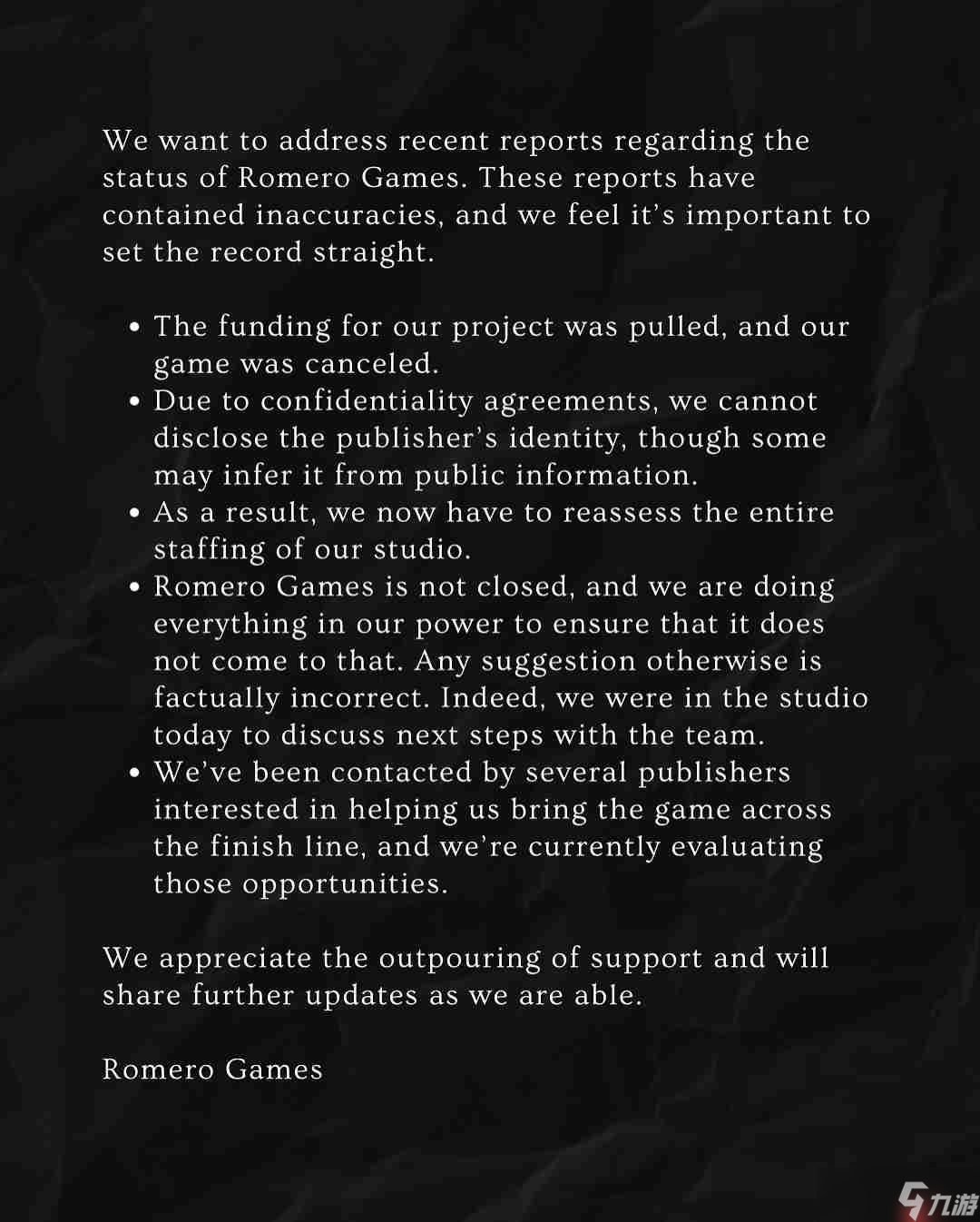 《毁灭战士》之父工作室Romero Games澄清没有关闭 被砍项目或有转机
