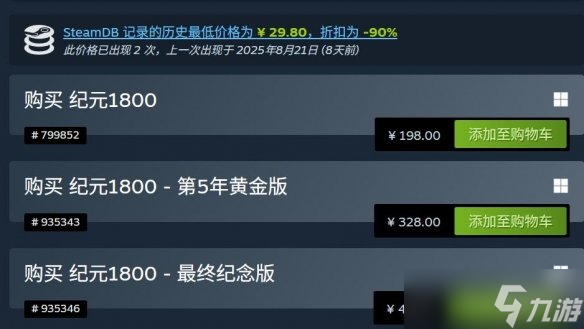 《纪元1800》全版本价格永降 历史最低价为29.8元