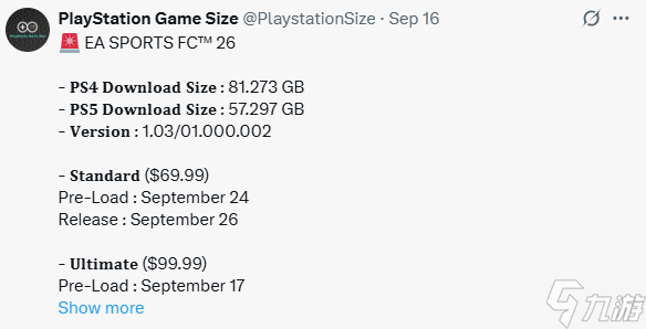 《EA SPORTS FC 26》容量大小曝光：PS5版约57GB！
