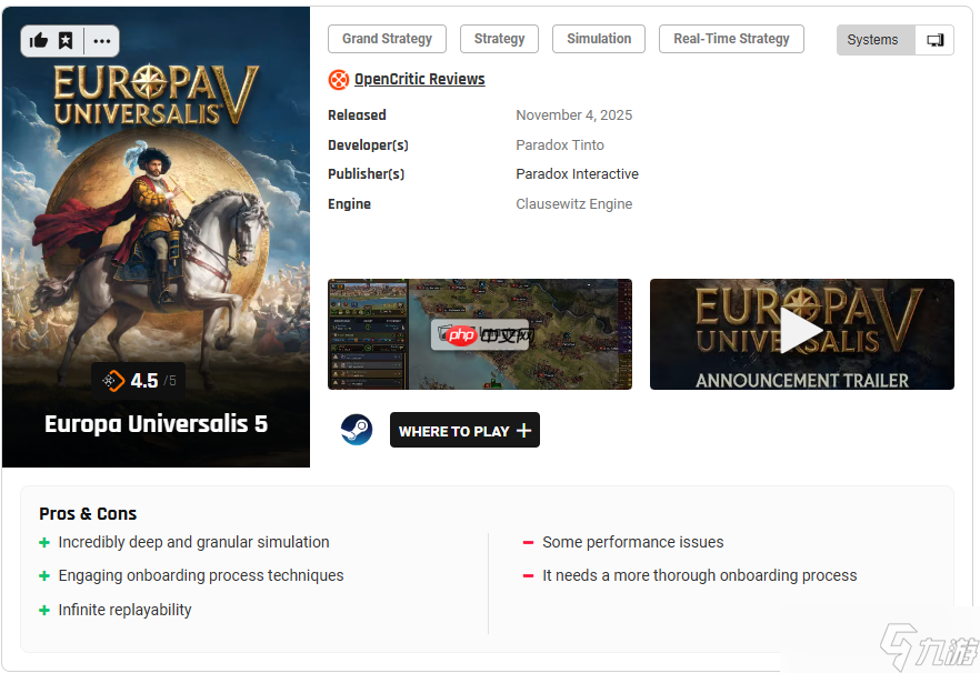 《歐陸風(fēng)云5》M站均分85！IGN8分好評稱未來可期