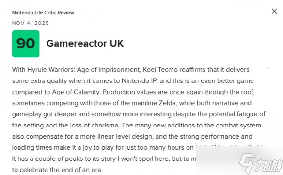 《塞尔达无双封印战记》M站均分79:展现了系列的新高峰