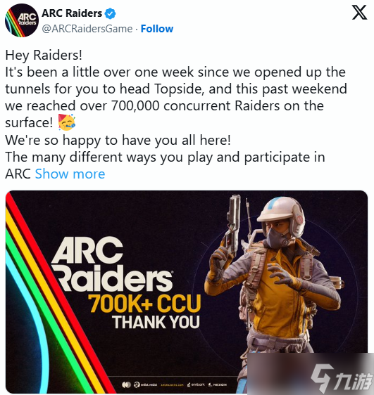 《ARC Raiders》宣布达成全平台峰值玩家突破70万！