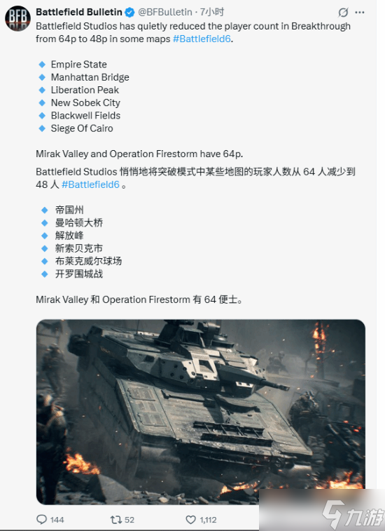 《战地6》为优化节奏 将部分地图最大玩家数减少到48人