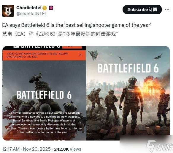EA称《<a id='link_pop' class='keyword-tag' href='https://www.9game.cn/zhandi6/'>战地6</a>》是‘今年最畅销的射击游戏’！你认可吗？