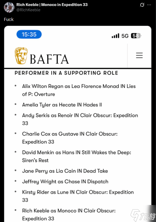 《光与影 33号远征队》演员直呼法克 竟与知名影星同获提名