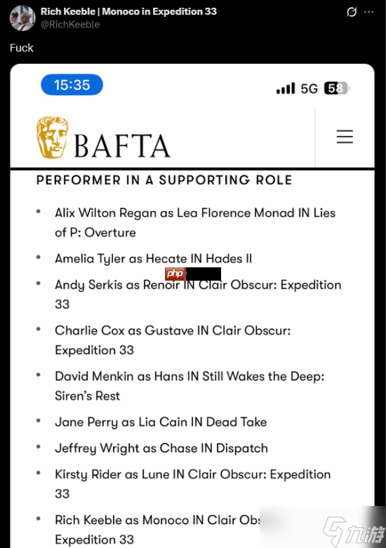 《光与影:33号远征队》演员直呼法克!竟与知名影星同获提名