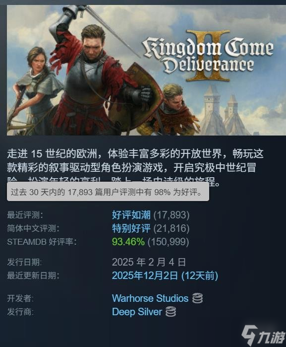 Steam好评如潮认证!《天国:拯救2》五折新史低!