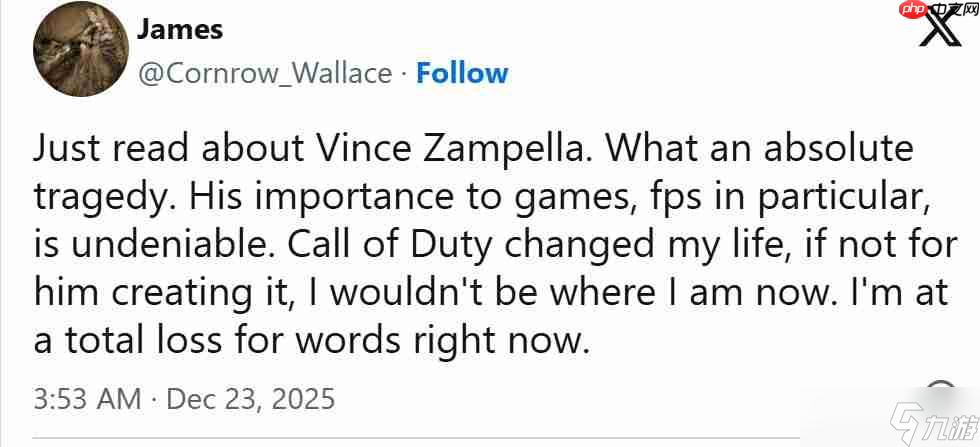 传奇谢幕！业界多名开发者悼念FPS传奇开发者Vince Zampella