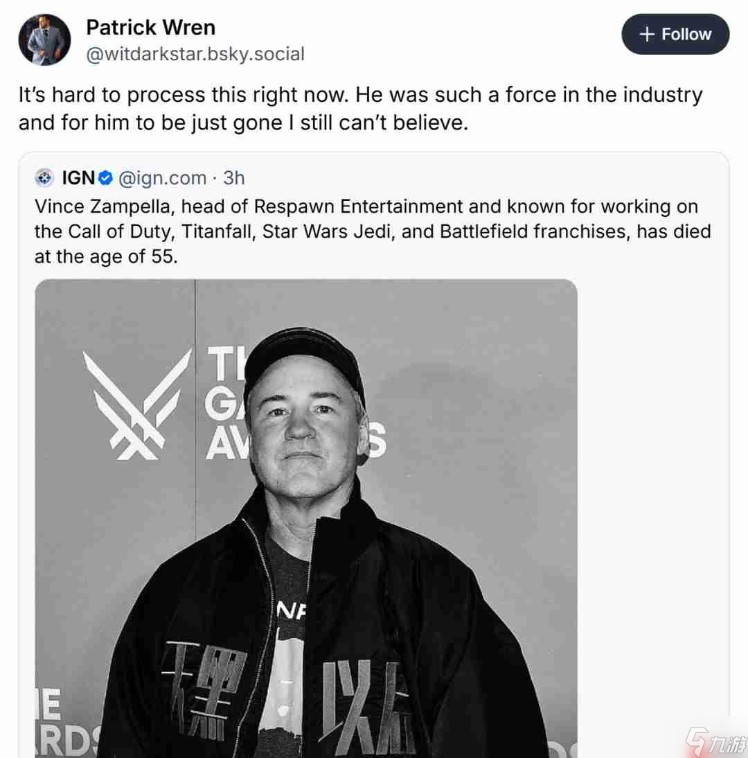 传奇谢幕！业界多名开发者悼念FPS传奇开发者Vince Zampella